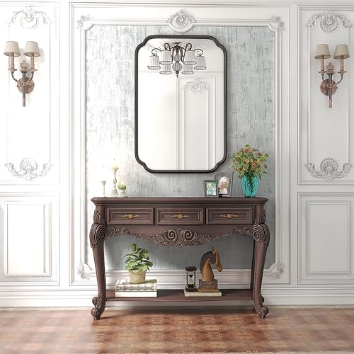 Black Bathroom Vanity Mirrors for Over Sink 24 x 36 Modern Rounded Corner Rectangle Mirror with Non-Rusting Iron Metal Framed Wall Mounted Decorative Mirror (Horizontal/Vertical)